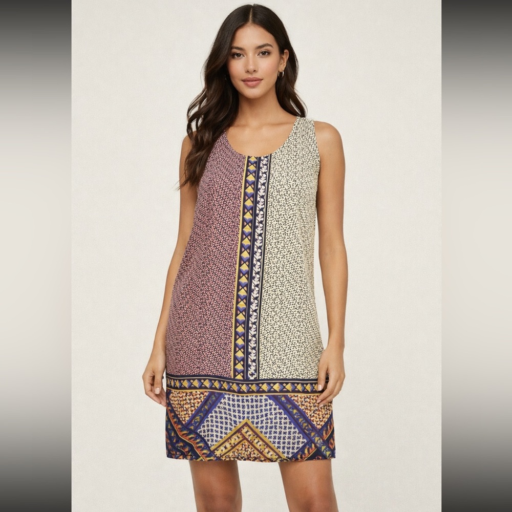 Madison Marcus 100% Silk Shift Dress Small Boho Geometric Colorblock Sleeveless